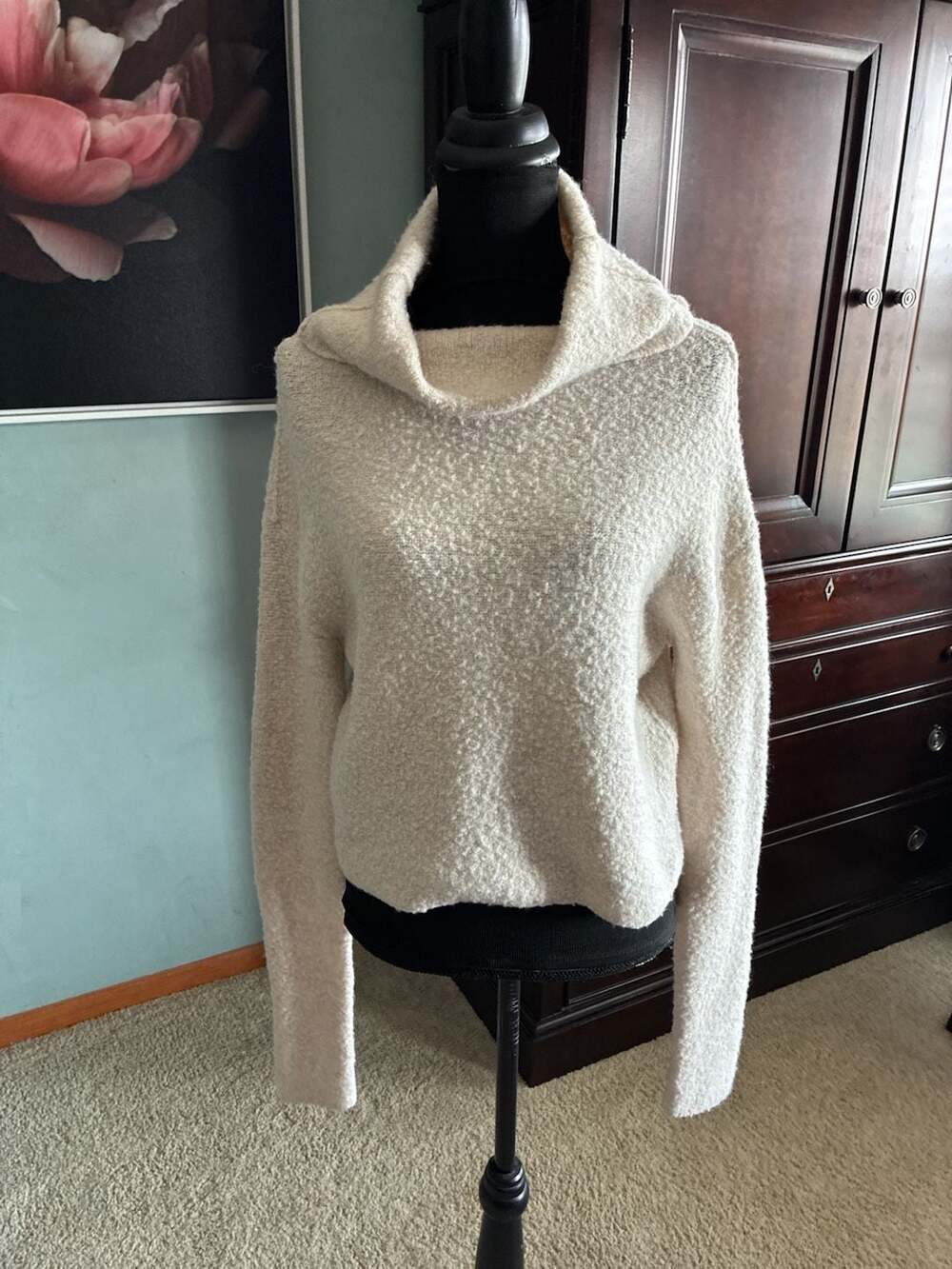 Free People Women's Ivory Textured Turtleneck Long Sleeve Pullover Sweater Sz S